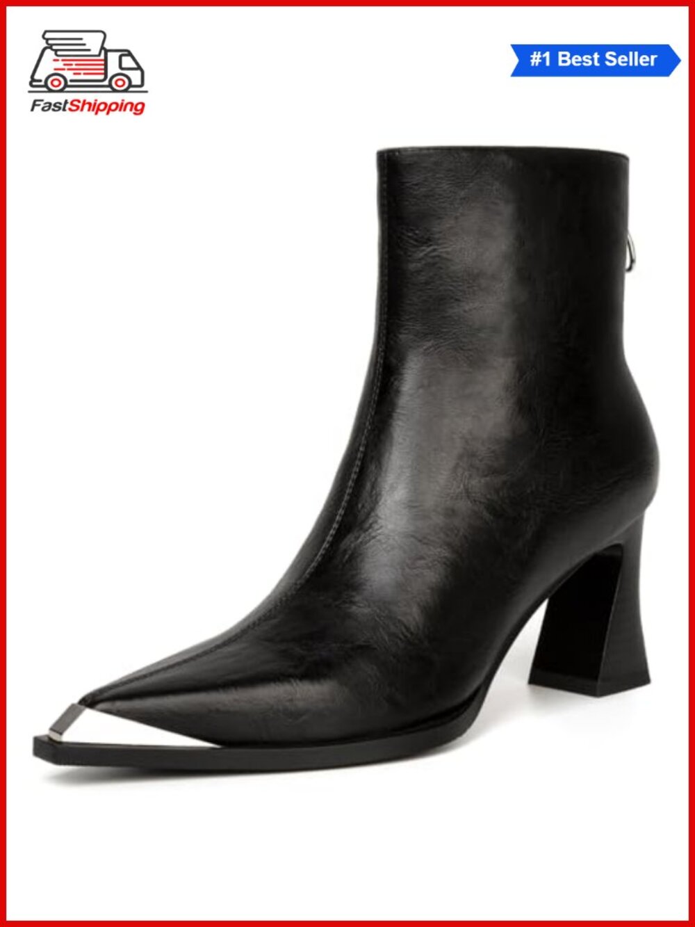 ✨ Pointed Toe Ankle Boots for Women Faux Leather Side Zipper Chunky Block Heels